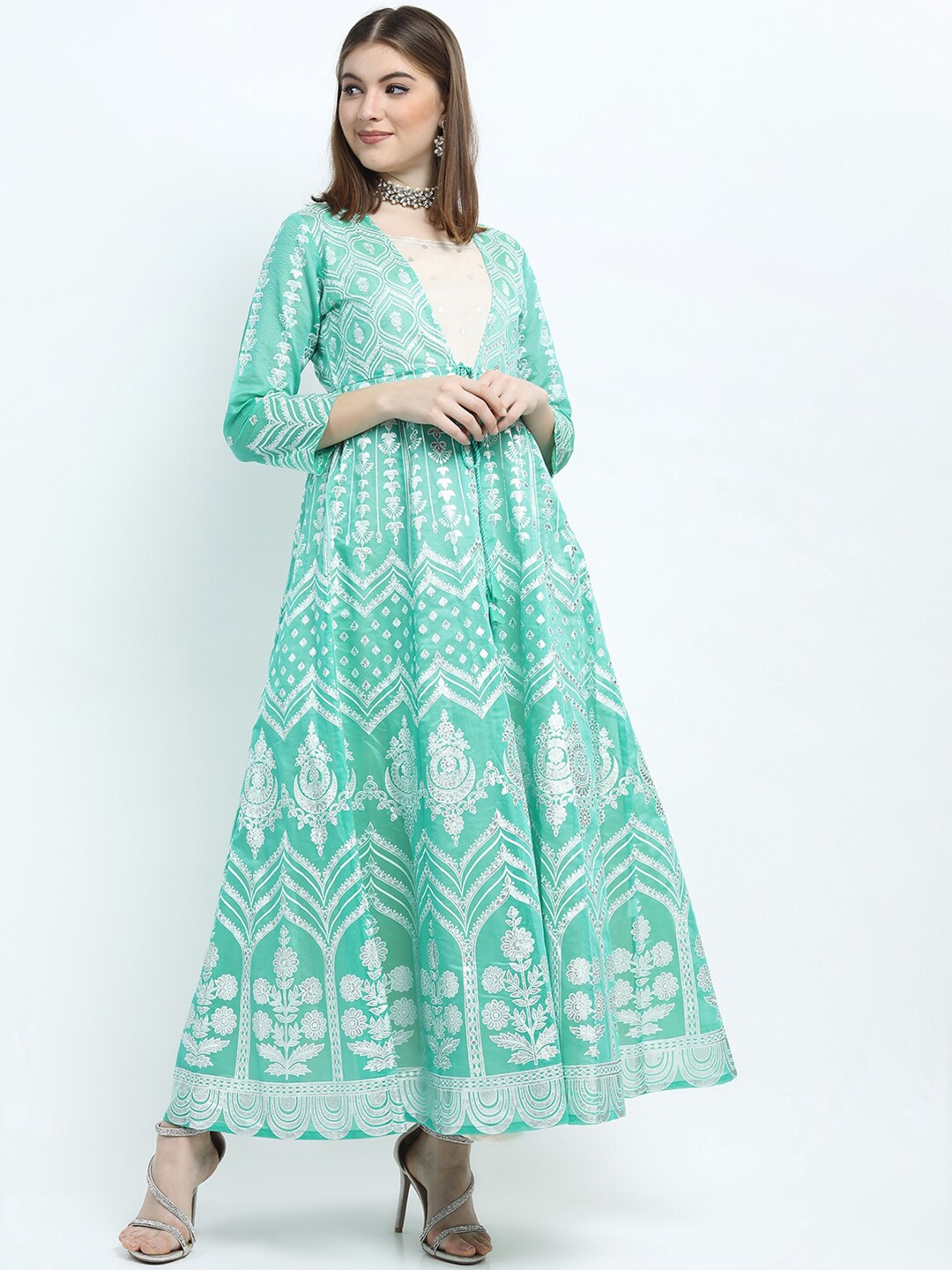 

Vishudh Women Blue & White Ethnic Maxi Dress with Jacket