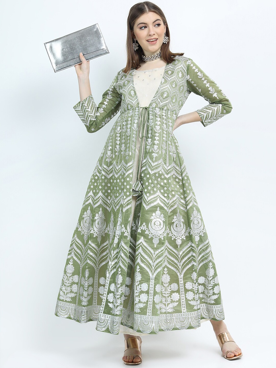 

Vishudh Green Ethnic Motifs Ethnic Maxi Dress with Jacket