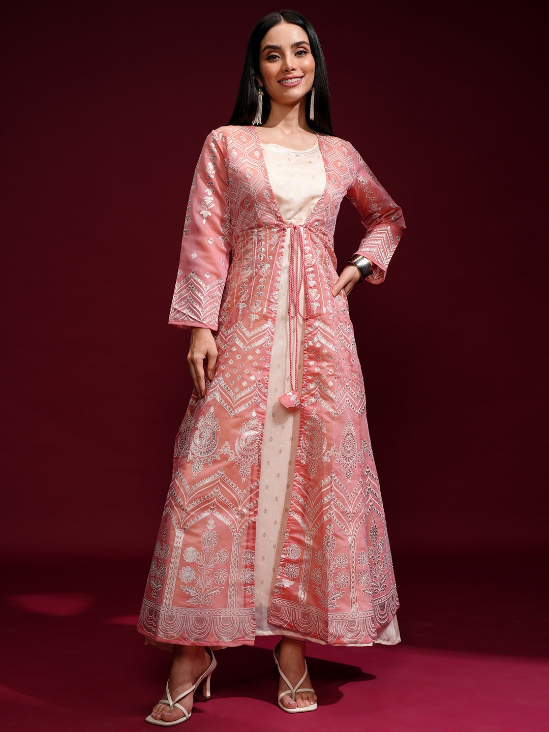 

Vishudh Peach-Coloured Ethnic Motifs Layered Ethnic Maxi Dress With Jacket