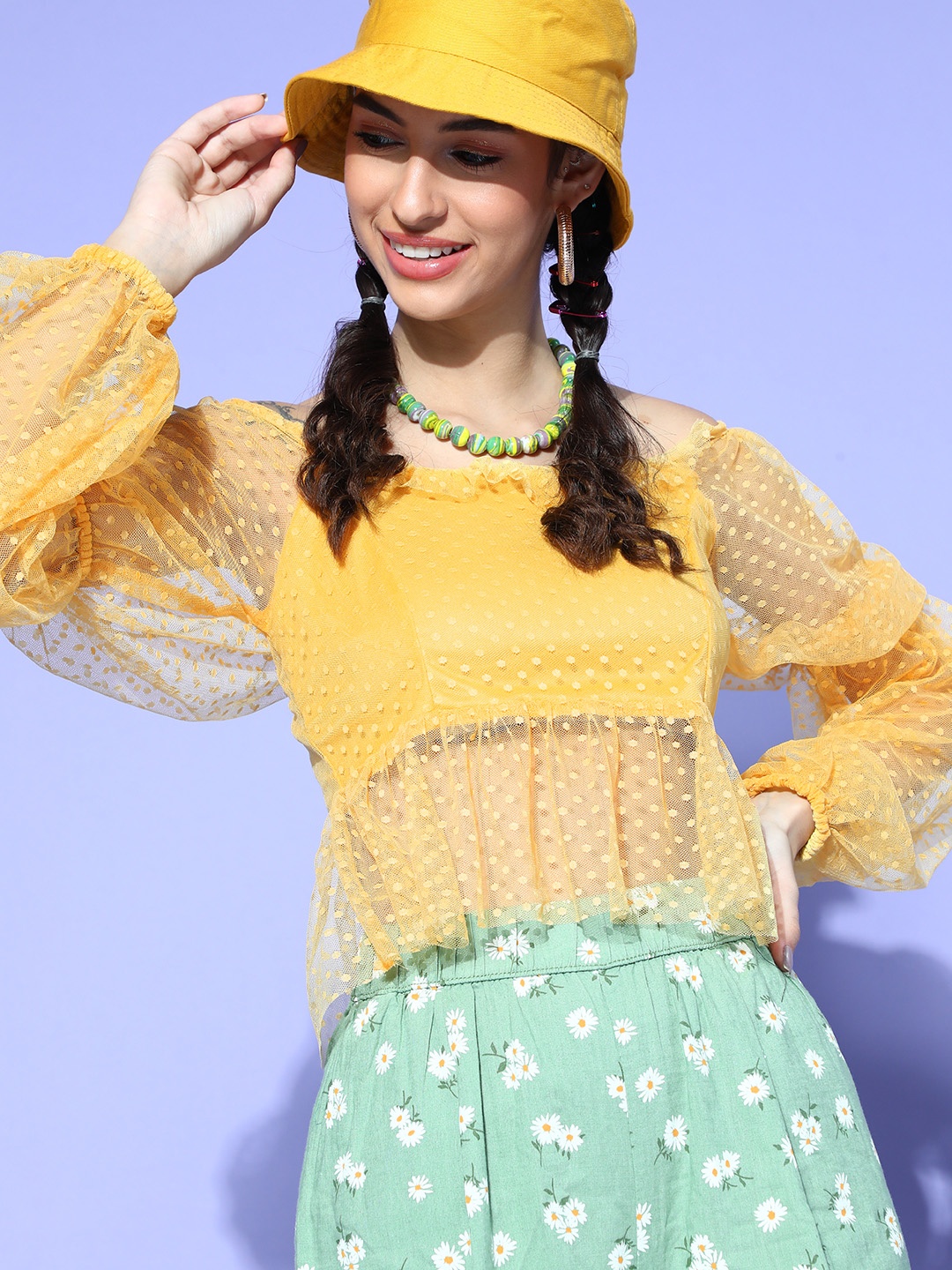 

Athena Women Bright Yellow Self-Design Dobby Weave Top