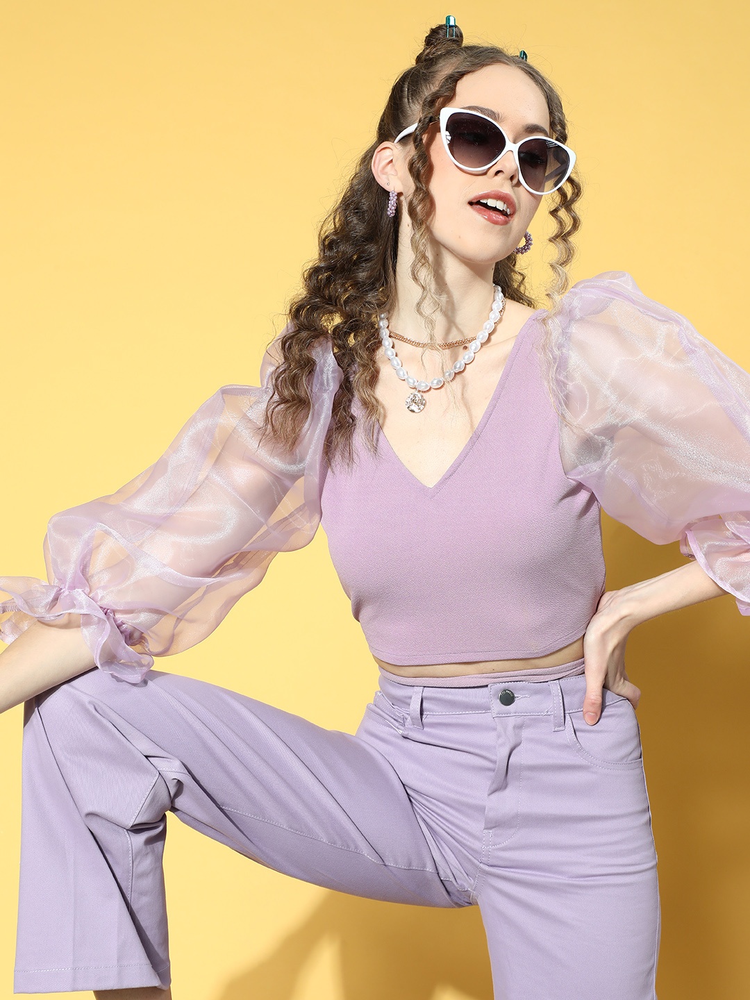 

Athena Women Elegant Lavender Solid Puff Sleeves Top