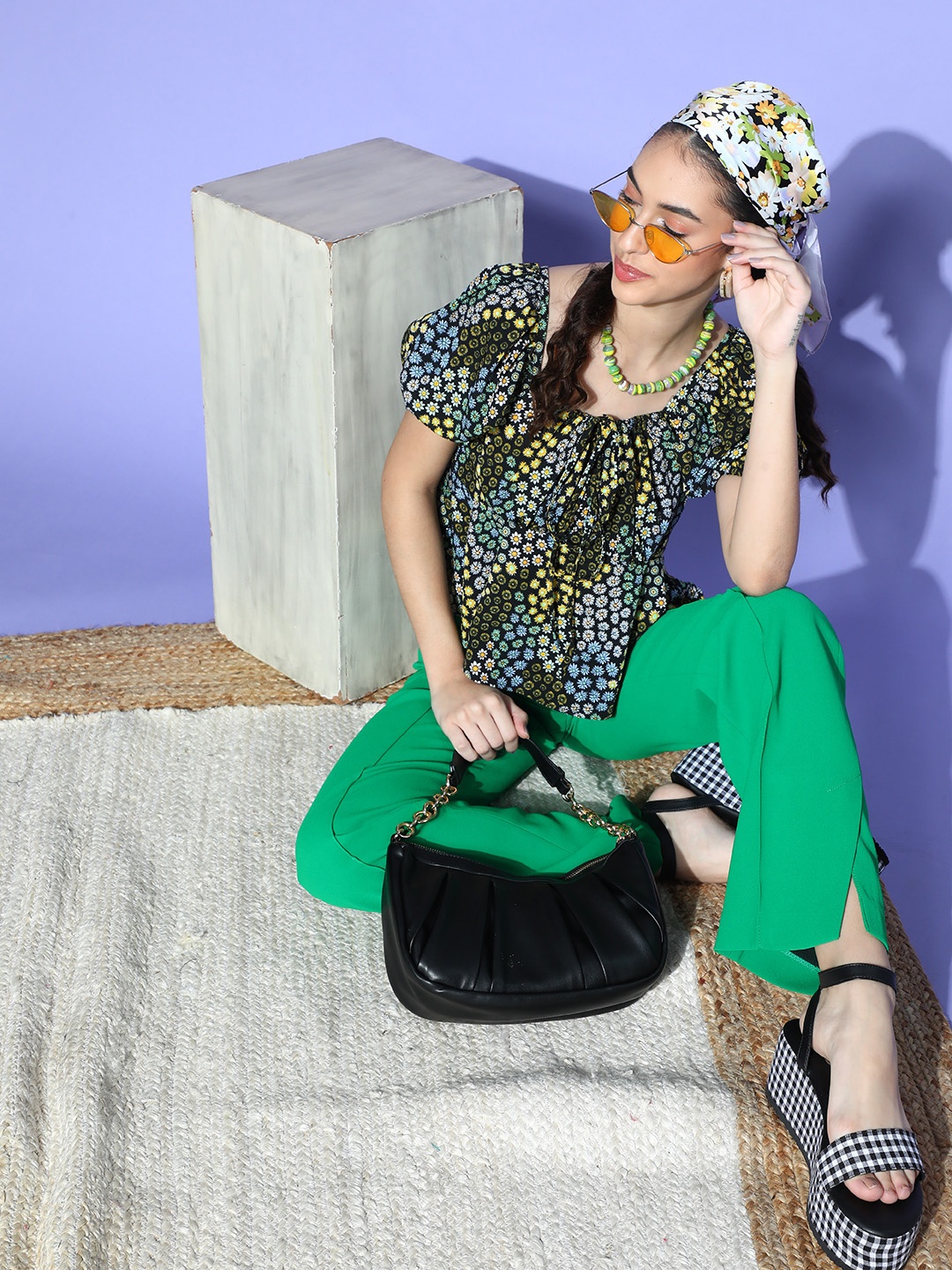 

Athena Women Gorgeous Green Floral Puff Sleeves Top