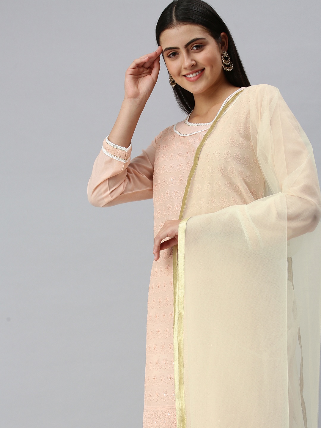 

flaher Women Off White Gotta Patti Net Dupatta