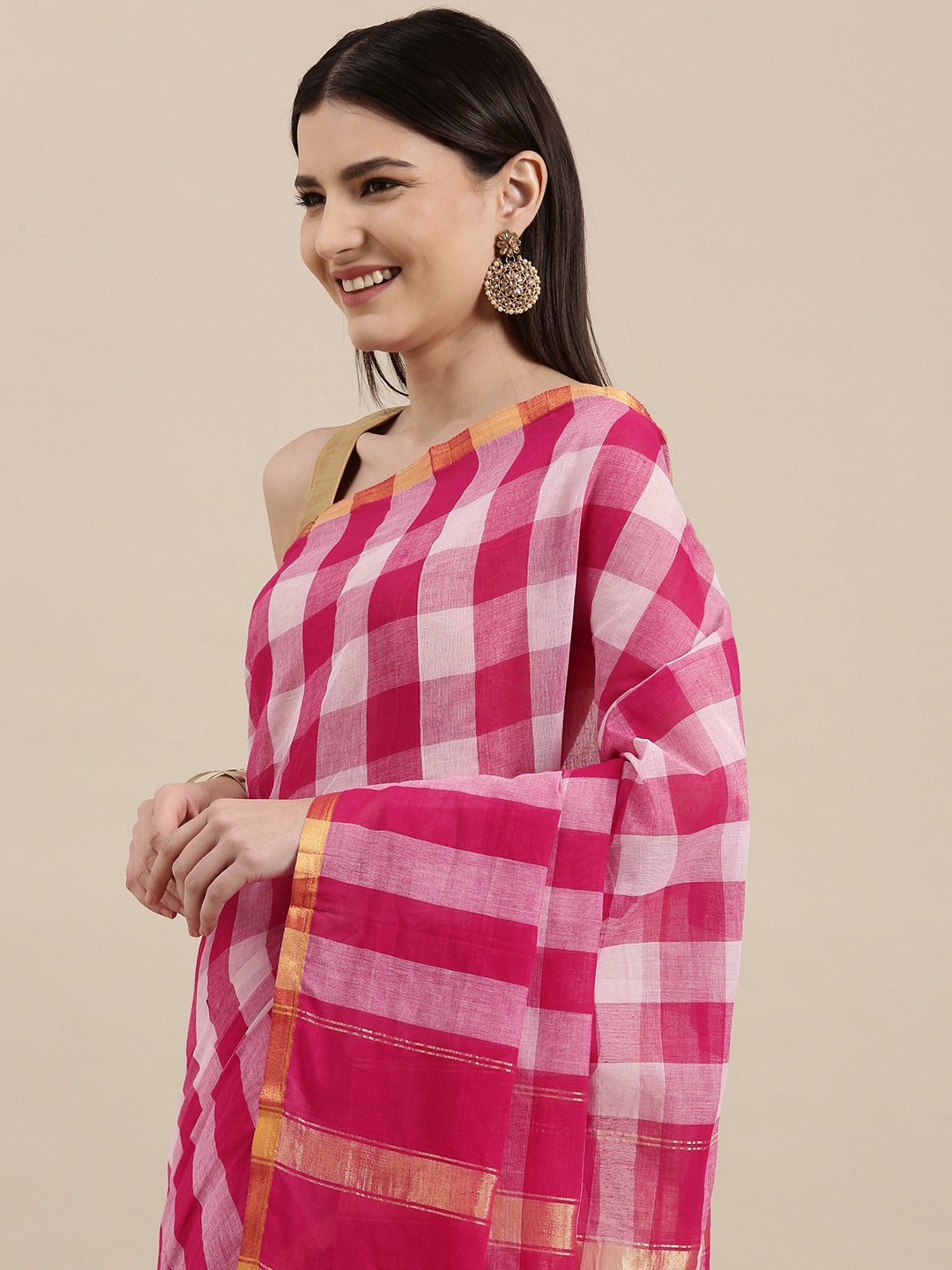 

KALINI Pink & White Checked Zari Pure Cotton Narayan Peth Saree