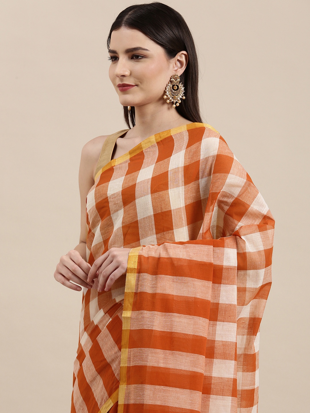 

KALINI Orange & White Checked Pure Cotton Narayan Peth Saree