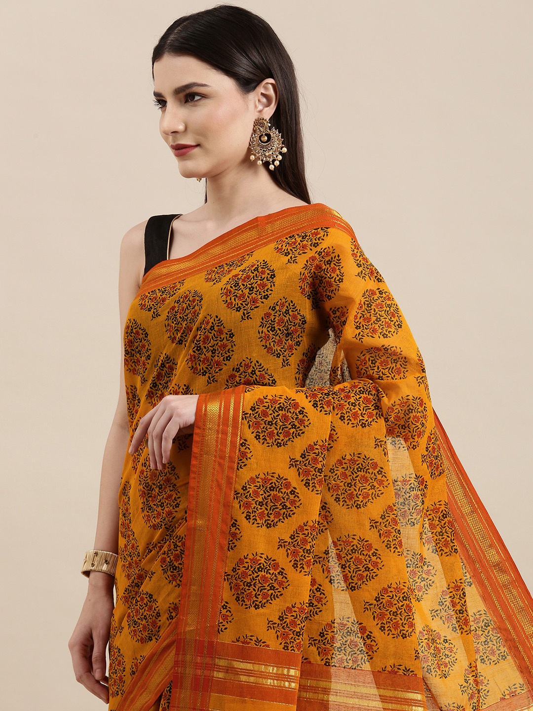 

KALINI Mustard Yellow & Black Ethnic Motifs Zari Pure Cotton Paithani Saree