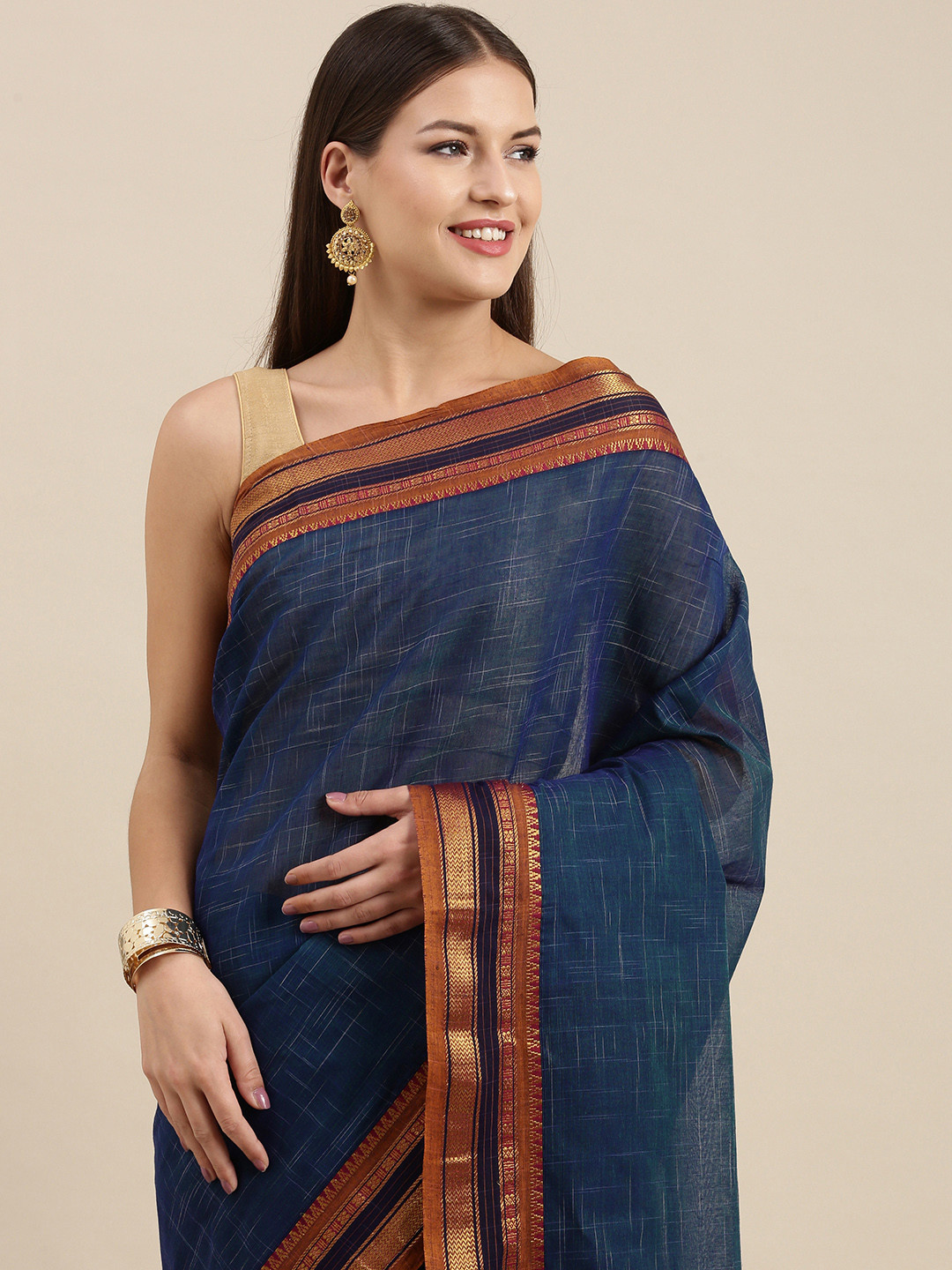 

Pavechas Blue & Beige Striped Woven Design Pure Cotton Saree