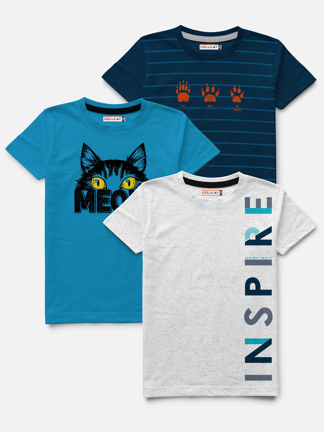 

HELLCAT Boys Blue Pack of 3 Typography Printed Bio Finish T-shirt