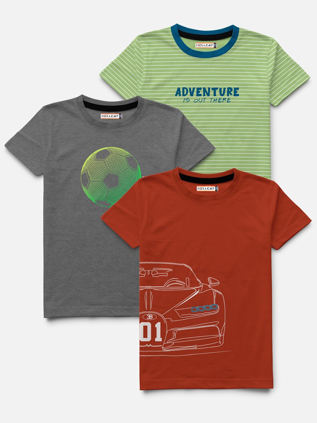 

HELLCAT Boys Pack of 3 Green & Grey Printed Bio Finish T-shirt