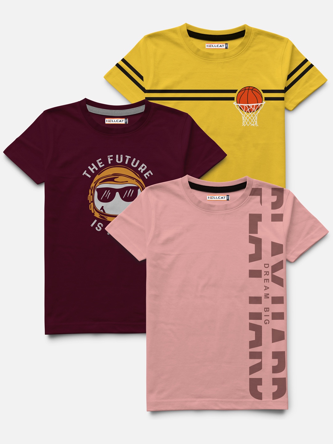 

HELLCAT Boys Pack of 3 Printed Bio Finish T-shirts, Yellow