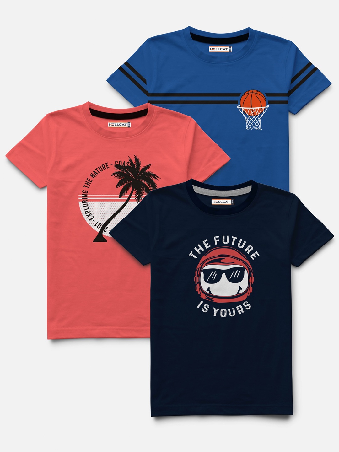 

HELLCAT Boys Pack of 3 Printed Bio Finish Regular Fit T-shirt, Coral