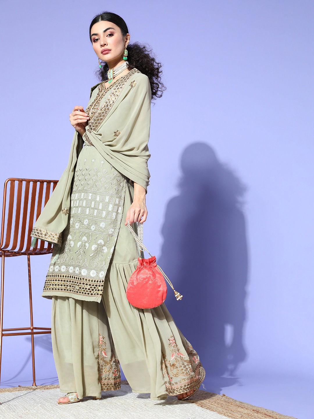 

Ishin Green Poly Georgette Pakistani Suit with Dupatta