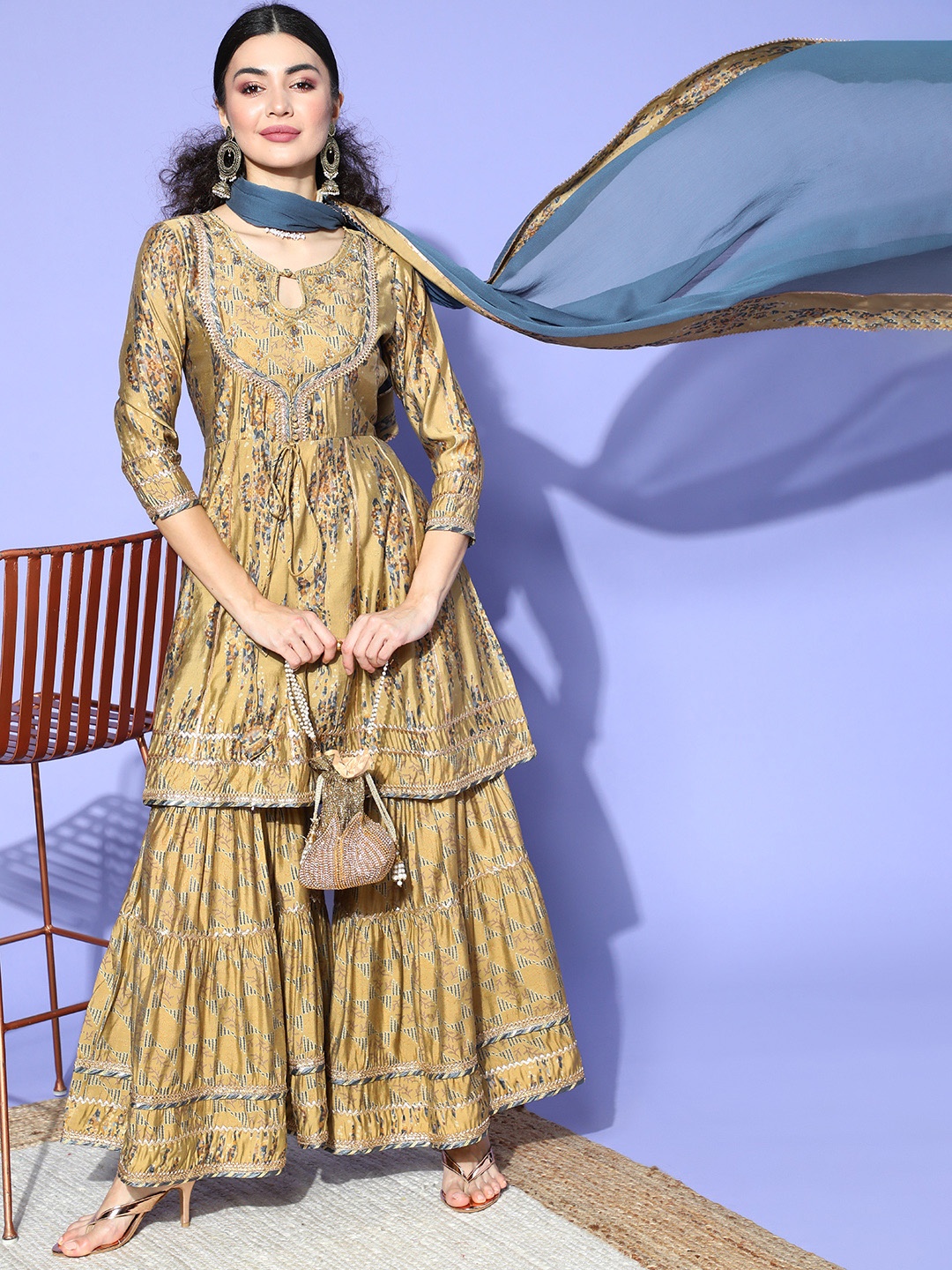 

Ishin Beige Silk Blend Pakistani Suit