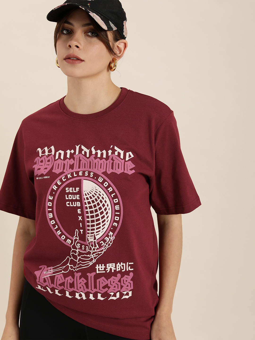 

DILLINGER Women Maroon & White Graphic Printed Oversized Cotton Longline Tshirt