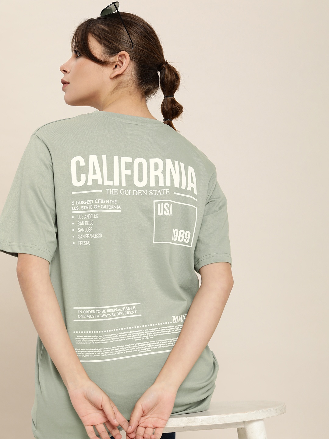 

DILLINGER Women Grey Back Printed Oversized Cotton T-shirt, Green