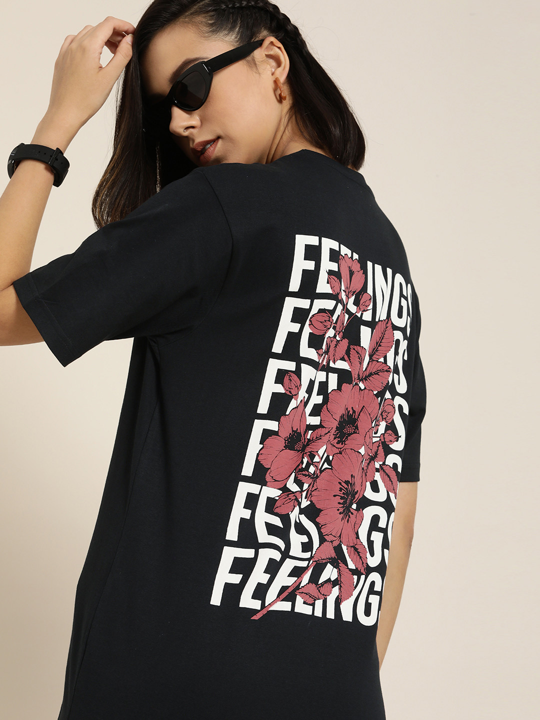

DILLINGER Women Black & White Back Graphic Printed Oversized Cotton Longline T-shirt