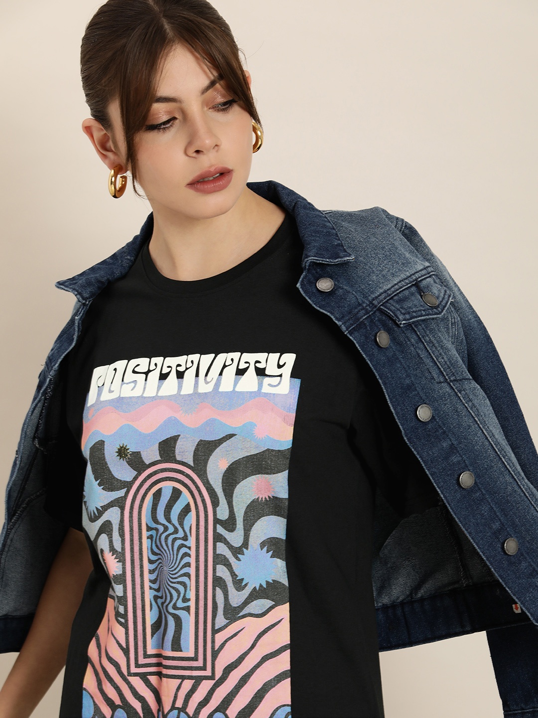 

DILLINGER Women Black & Blue Graphic Printed Oversized Cotton Longline T-shirt