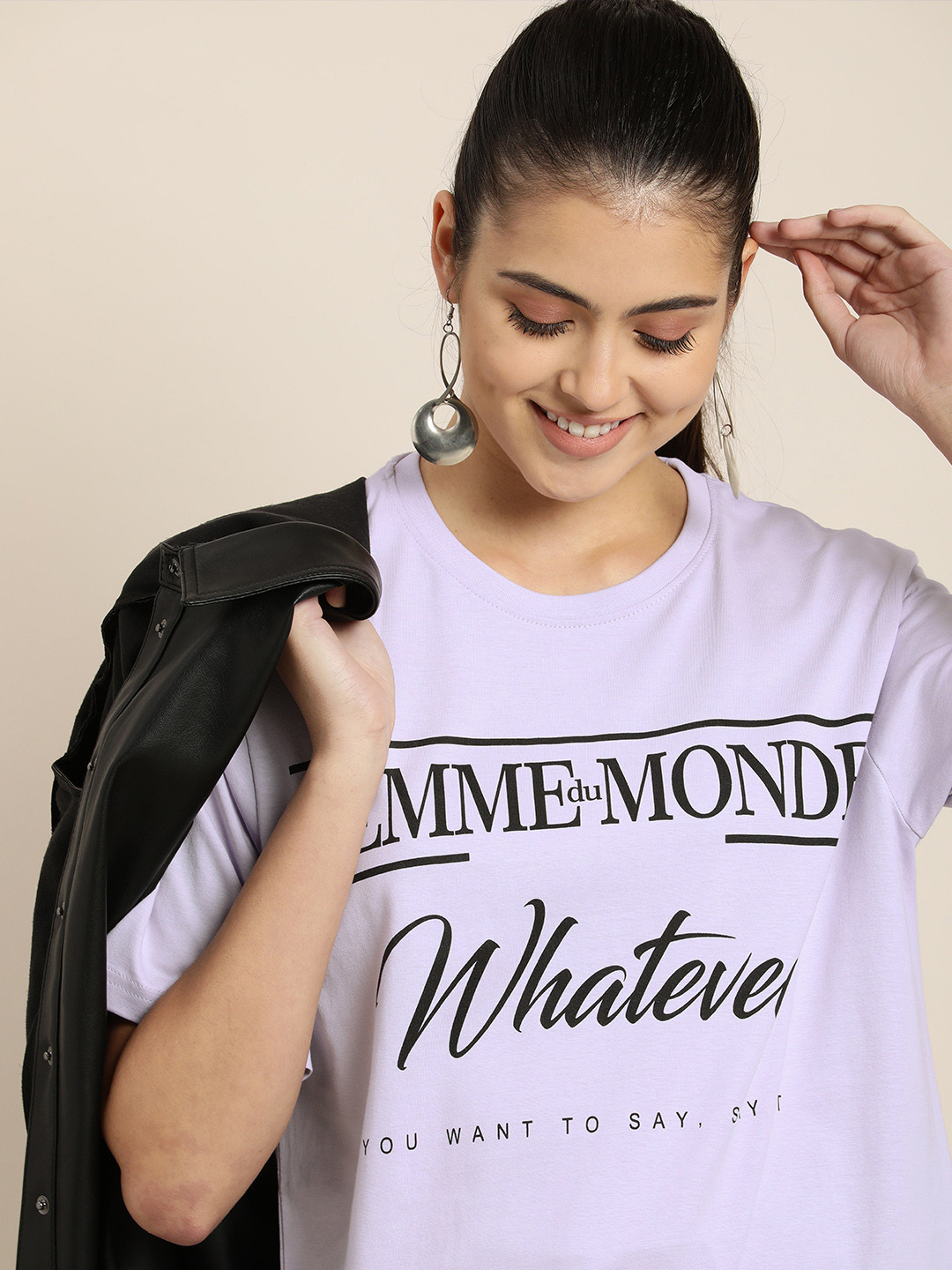 

DILLINGER Women Lavender & Black Typography Cotton Drop-Shoulder Sleeves Loose T-shirt