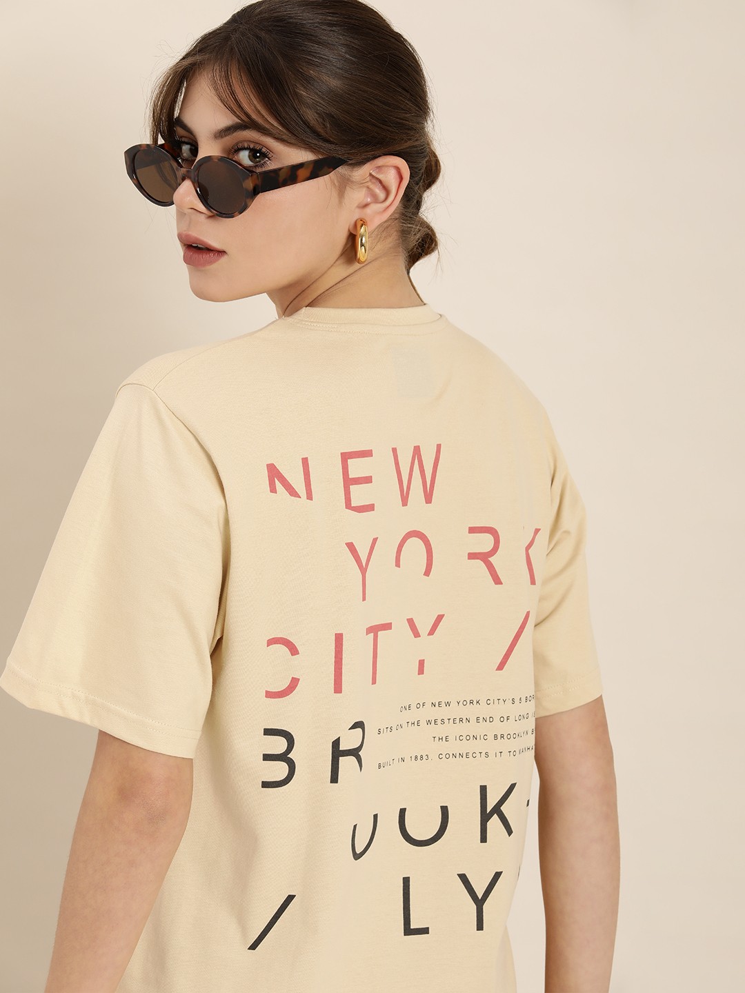 

DILLINGER Women Beige Typography Printed Pure Cotton Loose Oversized T-Shirt