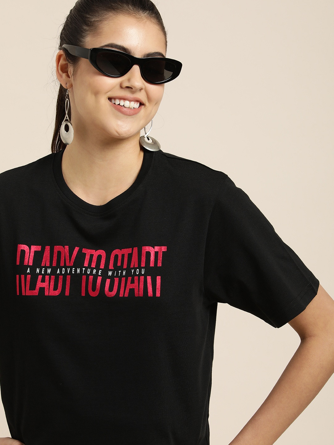 

DILLINGER Women Black Typography Printed Pure Cotton Loose Drop-Shoulder Sleeves T-Shirt