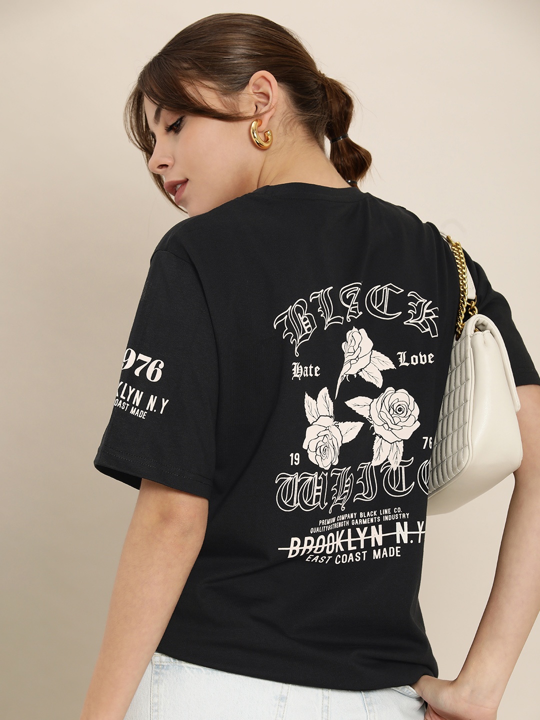 

DILLINGER Women Black & White Typography Cotton Drop-Shoulder Sleeves Loose T-shirt