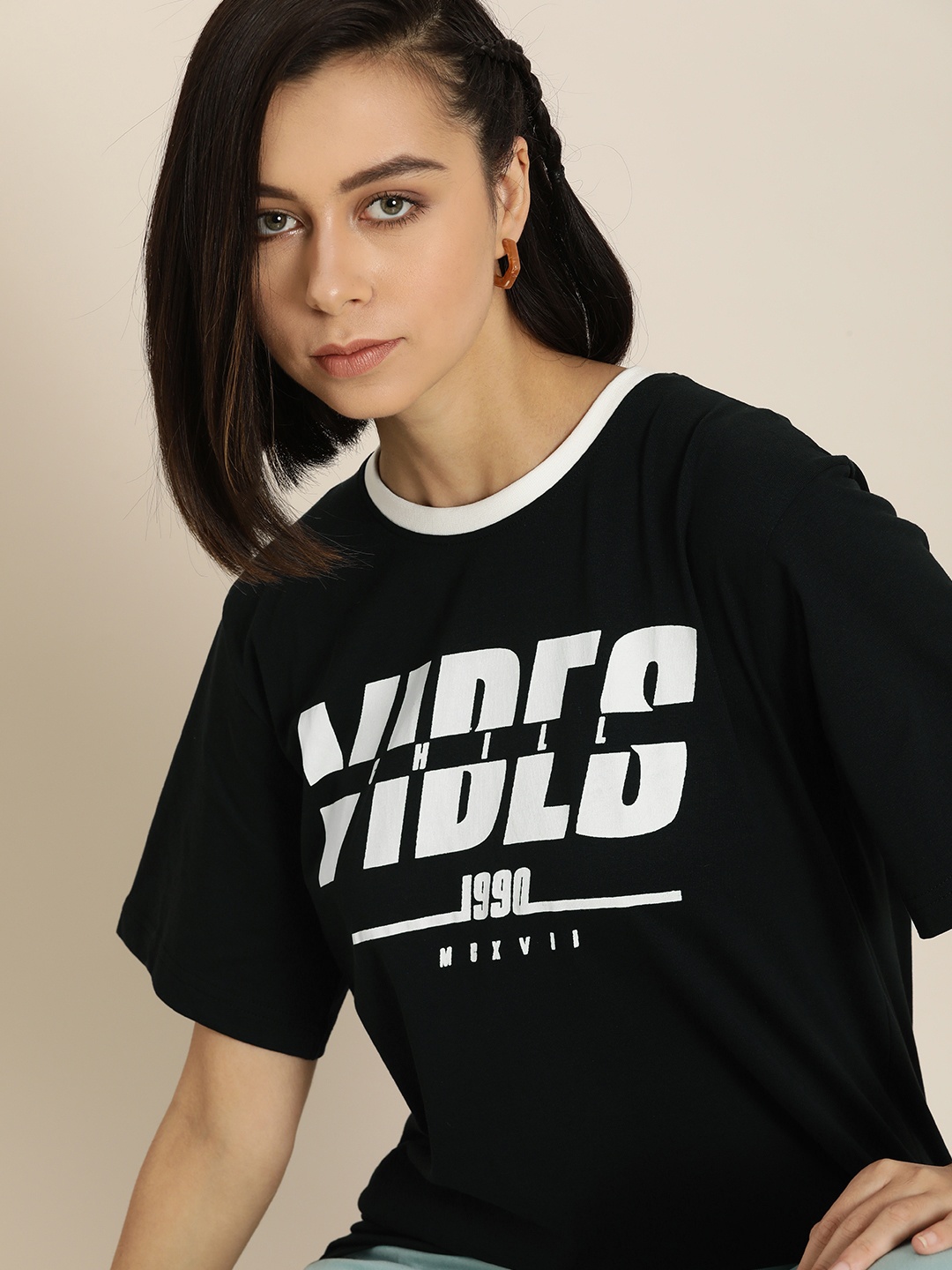 

DILLINGER Women Black & White Typography Printed Oversized Cotton Longline T-shirt