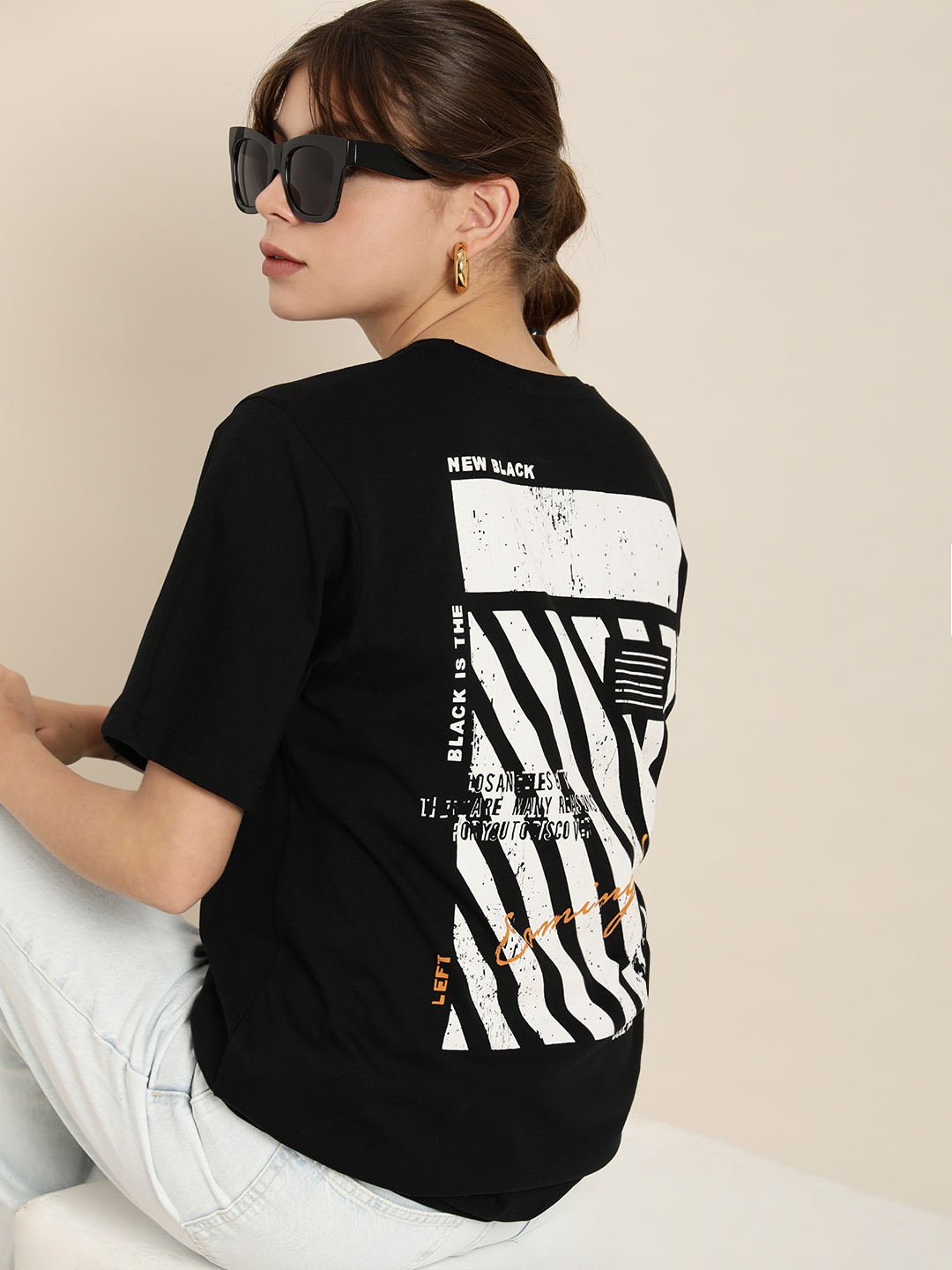 

DILLINGER Women Black & White Printed Cotton Drop-Shoulder Sleeves Oversized T-shirt