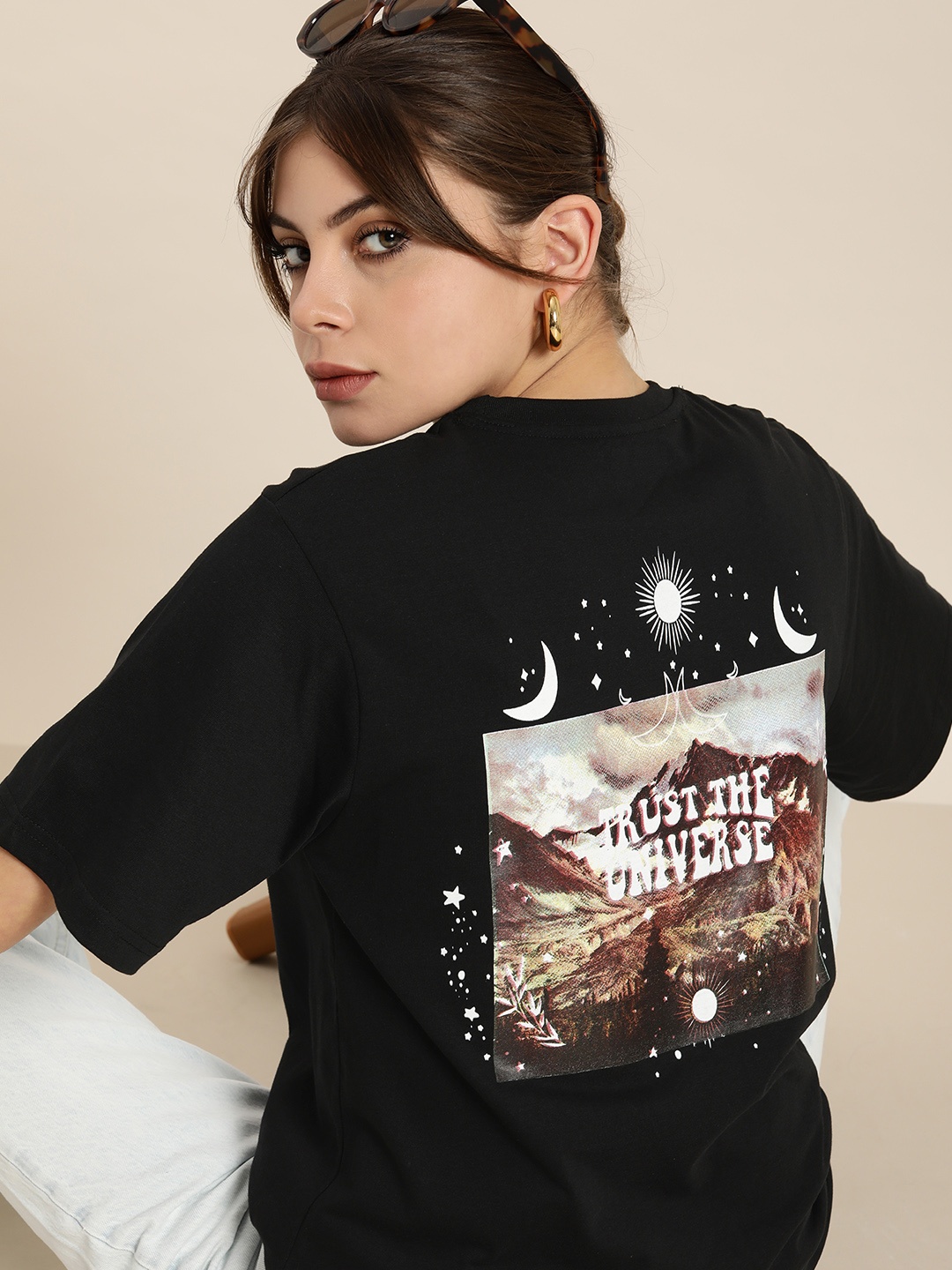 

DILLINGER Women Black & White Printed Cotton Drop-Shoulder Sleeves OversizedT-shirt