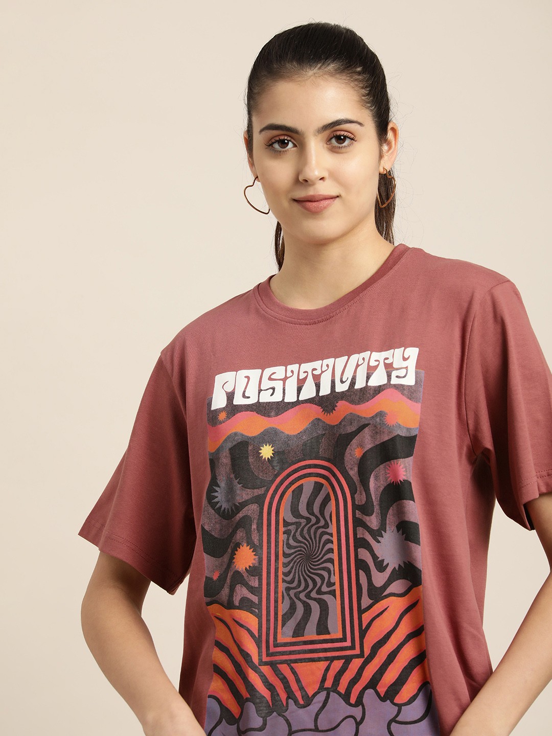 

DILLINGER Women Dusty Pink Graphic Printed Pure Cotton Oversized T-Shirt