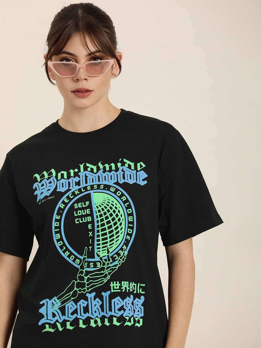 

DILLINGER Women Black & Blue Graphic Printed Oversized Cotton Longline T-shirt