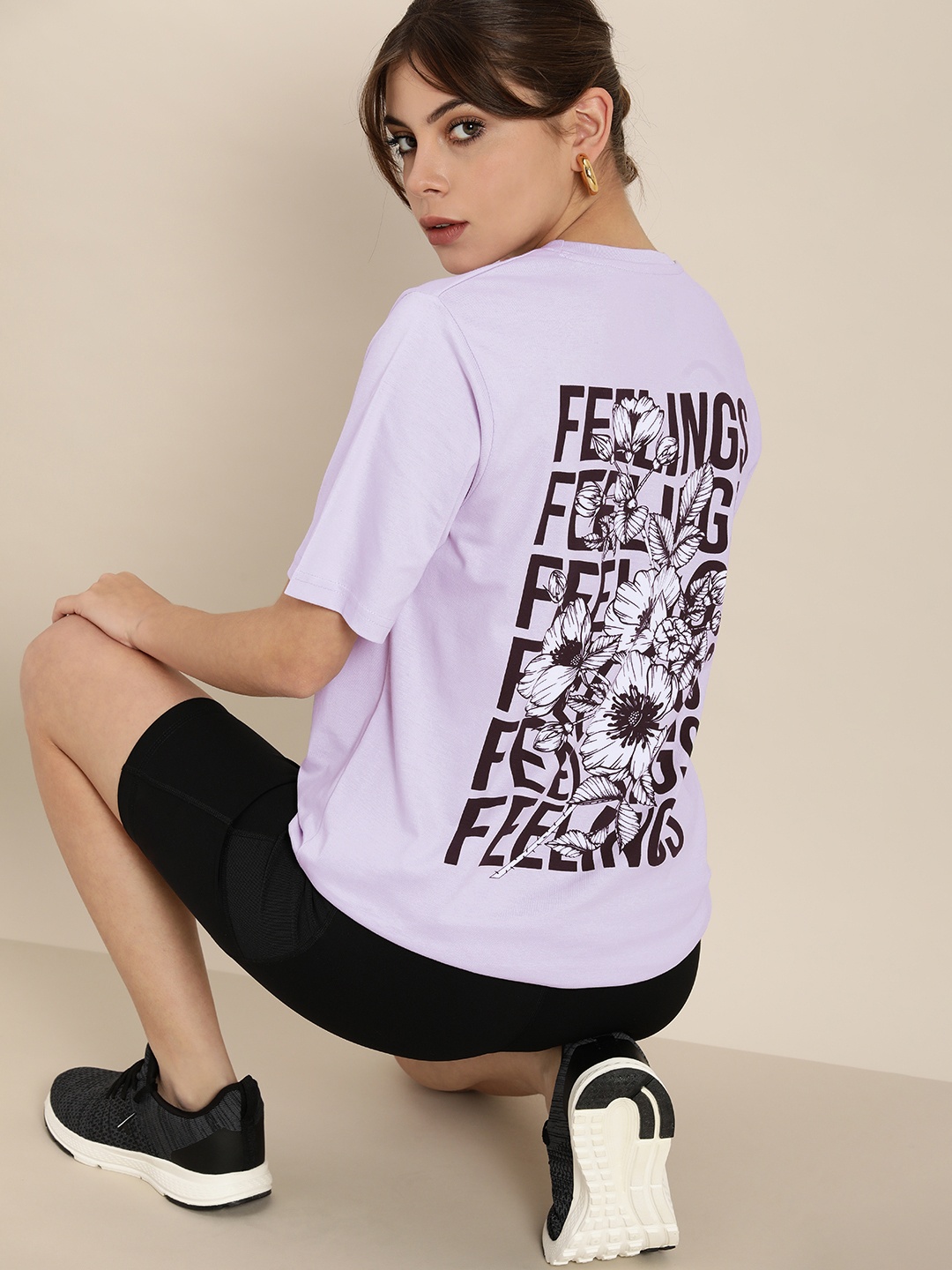 

DILLINGER Women Lavender Printed Pure Cotton Loose Graphic Oversized T-Shirt