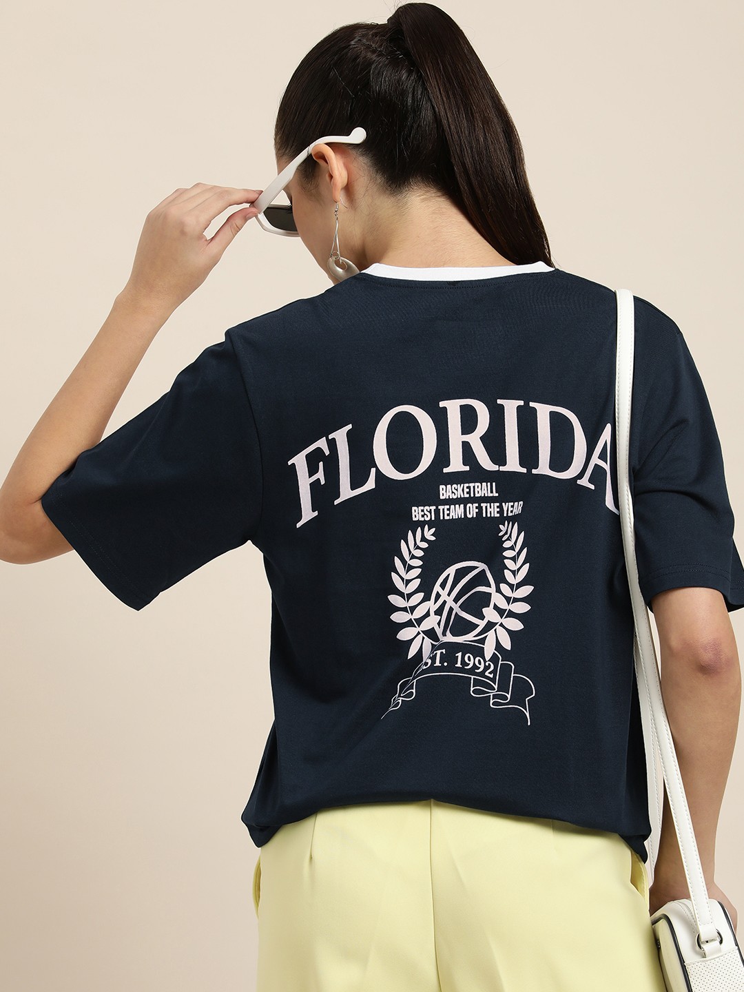 

DILLINGER Women Navy Blue Typography Printed Cotton OversizedDrop-Shoulder Sleeves T-Shirt