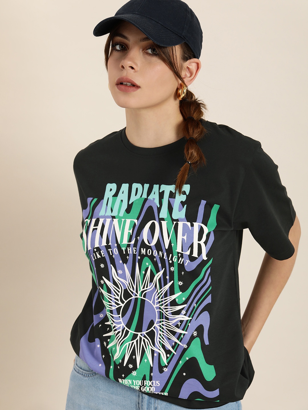 

DILLINGER Women Black & Green Graphic Printed Oversized Cotton Longline T-shirt