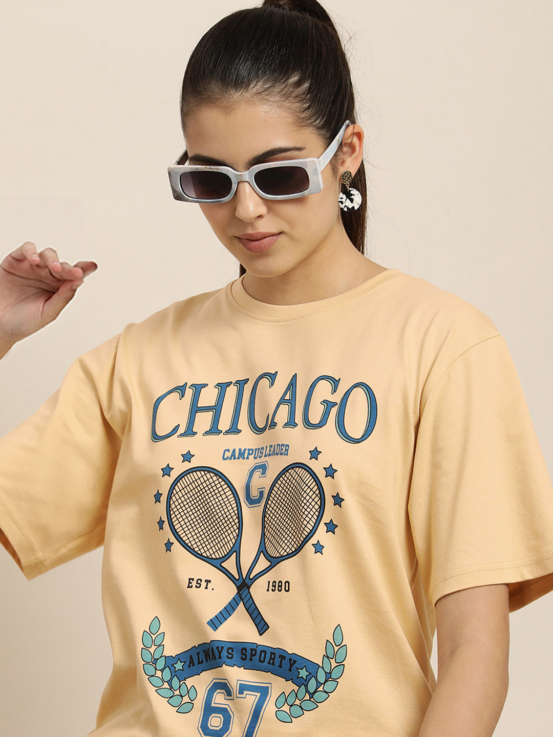 

DILLINGER Women Beige Printed Pure Cotton Oversized Graphic Oversized T-Shirt