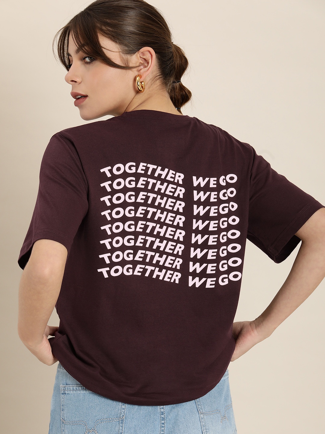 

DILLINGER Women Burgundy & White Back Printed Oversized Cotton Longline T-shirt