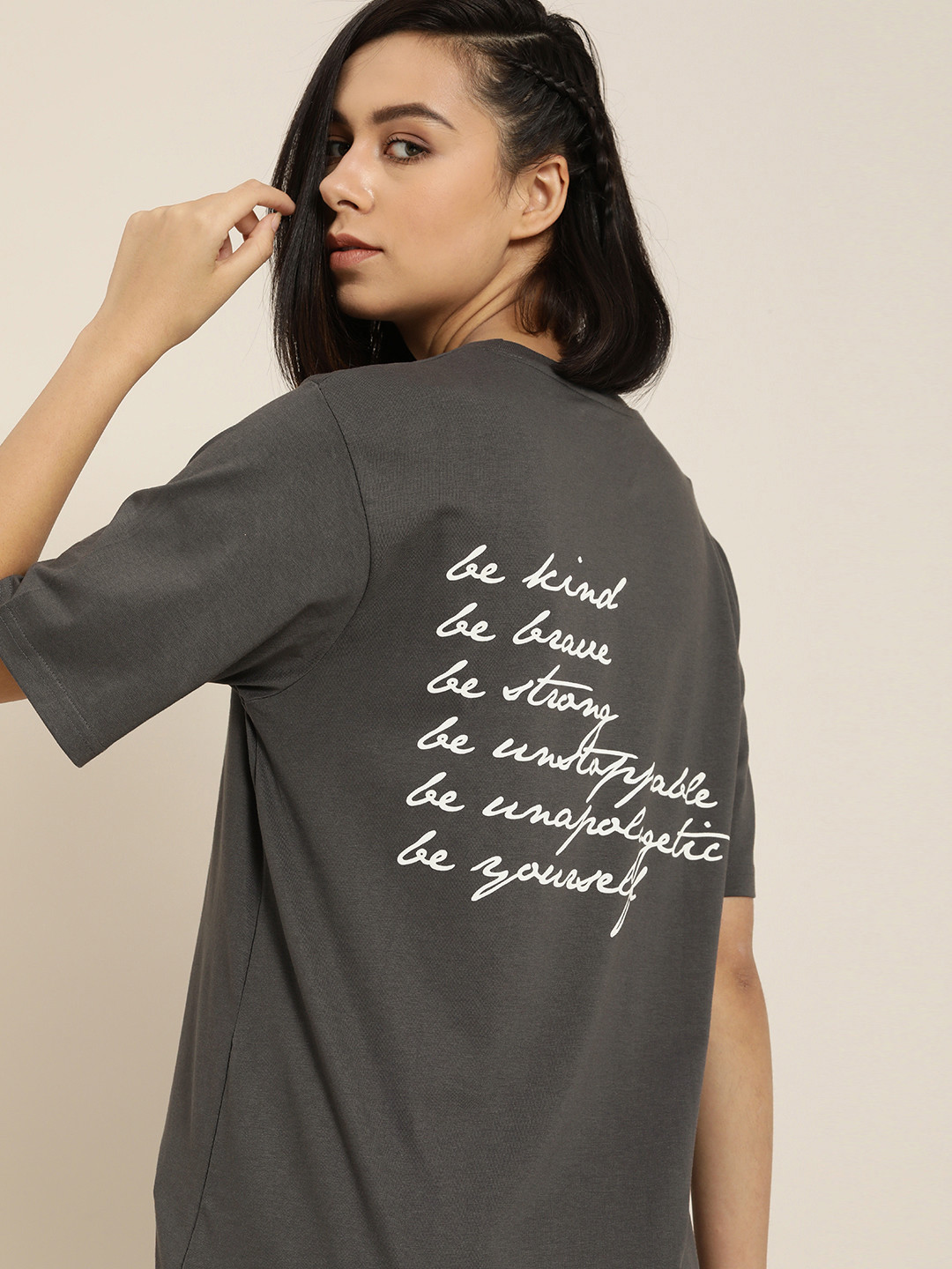 

DILLINGER Women Charcoal Grey & White Back Print Oversized Cotton Longline T-shirt