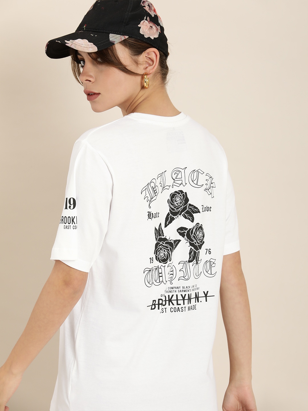 

DILLINGER Women White Printed Pure Cotton OversizedGraphic Oversized T-Shirt