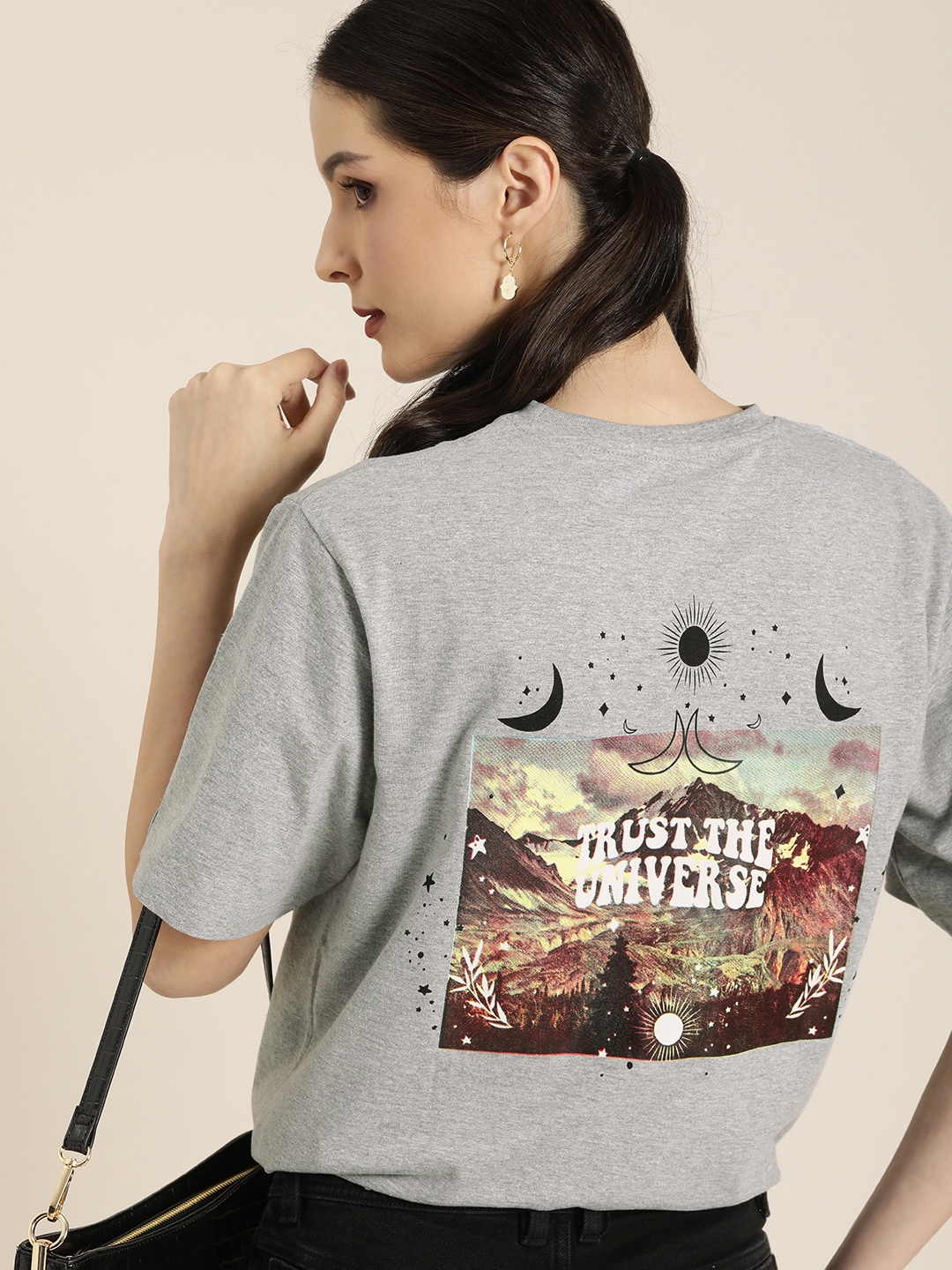 

DILLINGER Women Grey Melange & Beige Back Graphic Printed Cotton Oversized T-Shirt