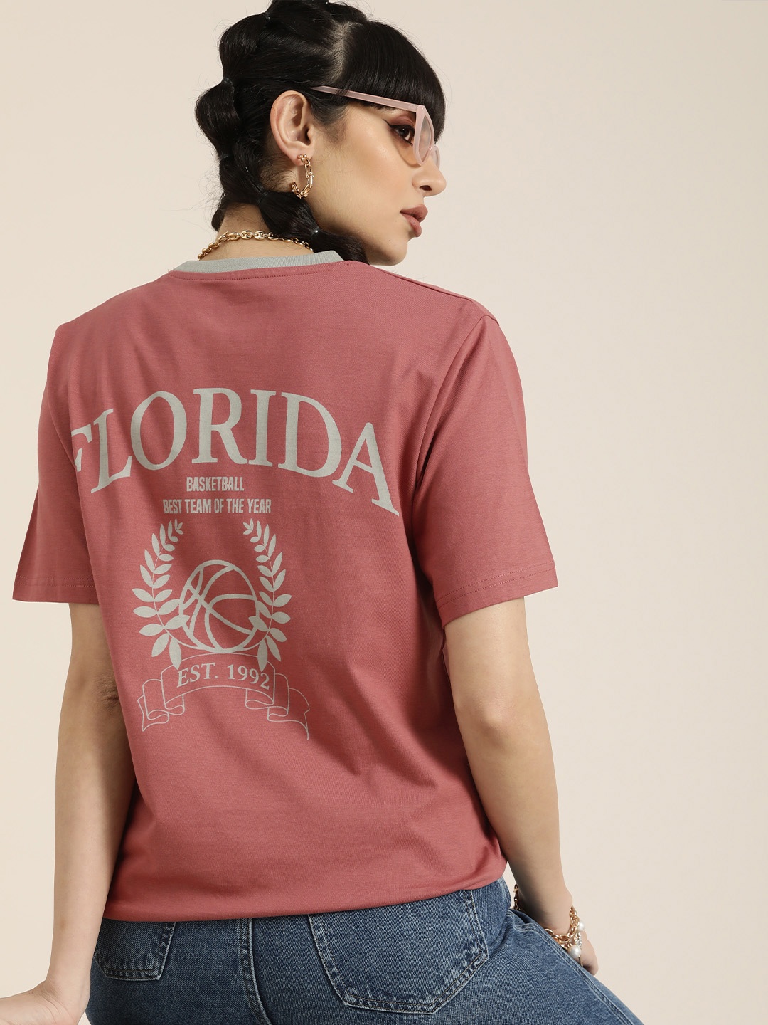 

DILLINGER Women Peach-Coloured & Grey Back Typography Printed Cotton Oversized T-Shirt