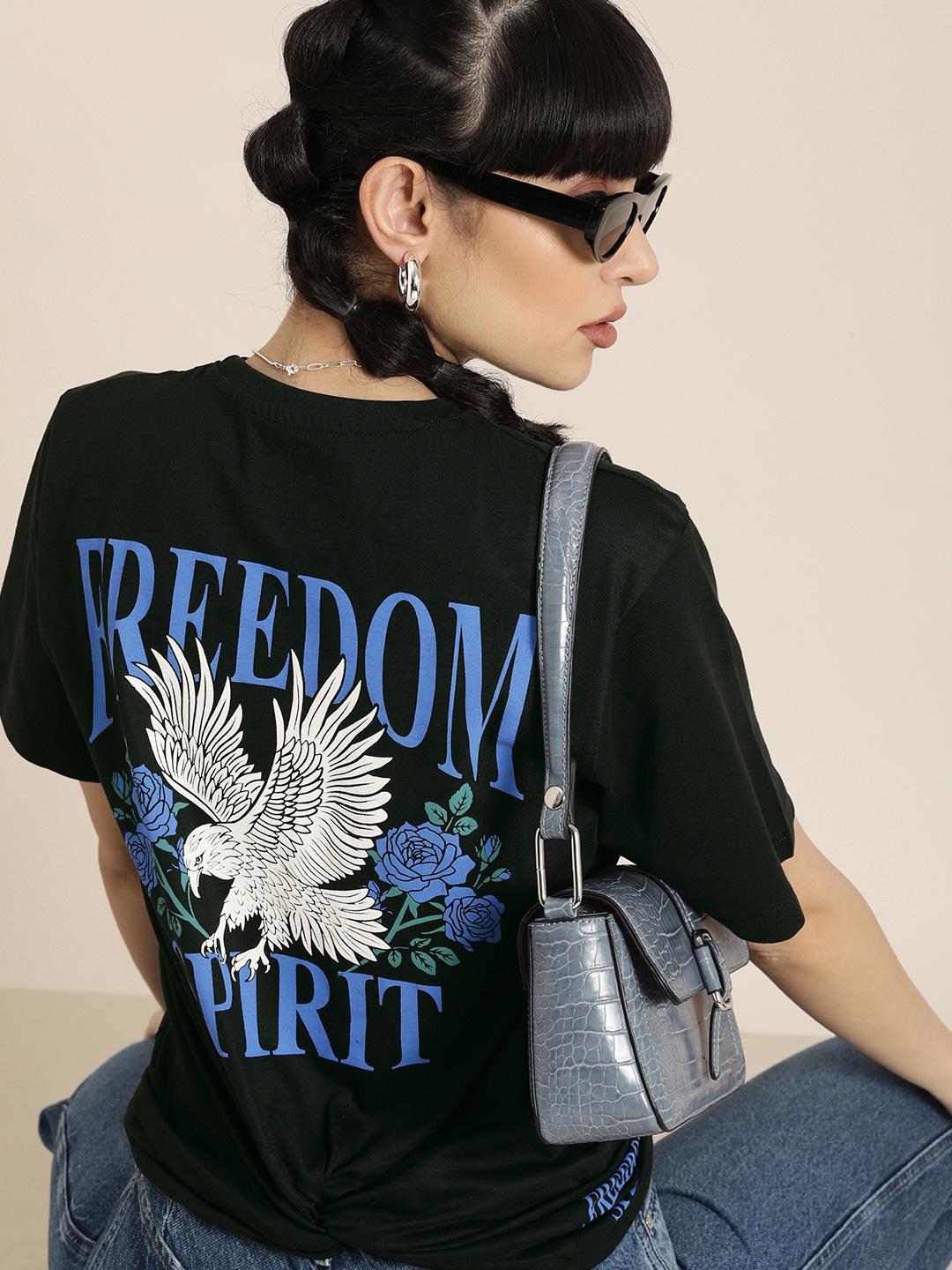 

DILLINGER Women Black & Blue Back Graphic Printed Cotton Oversized T-Shirt