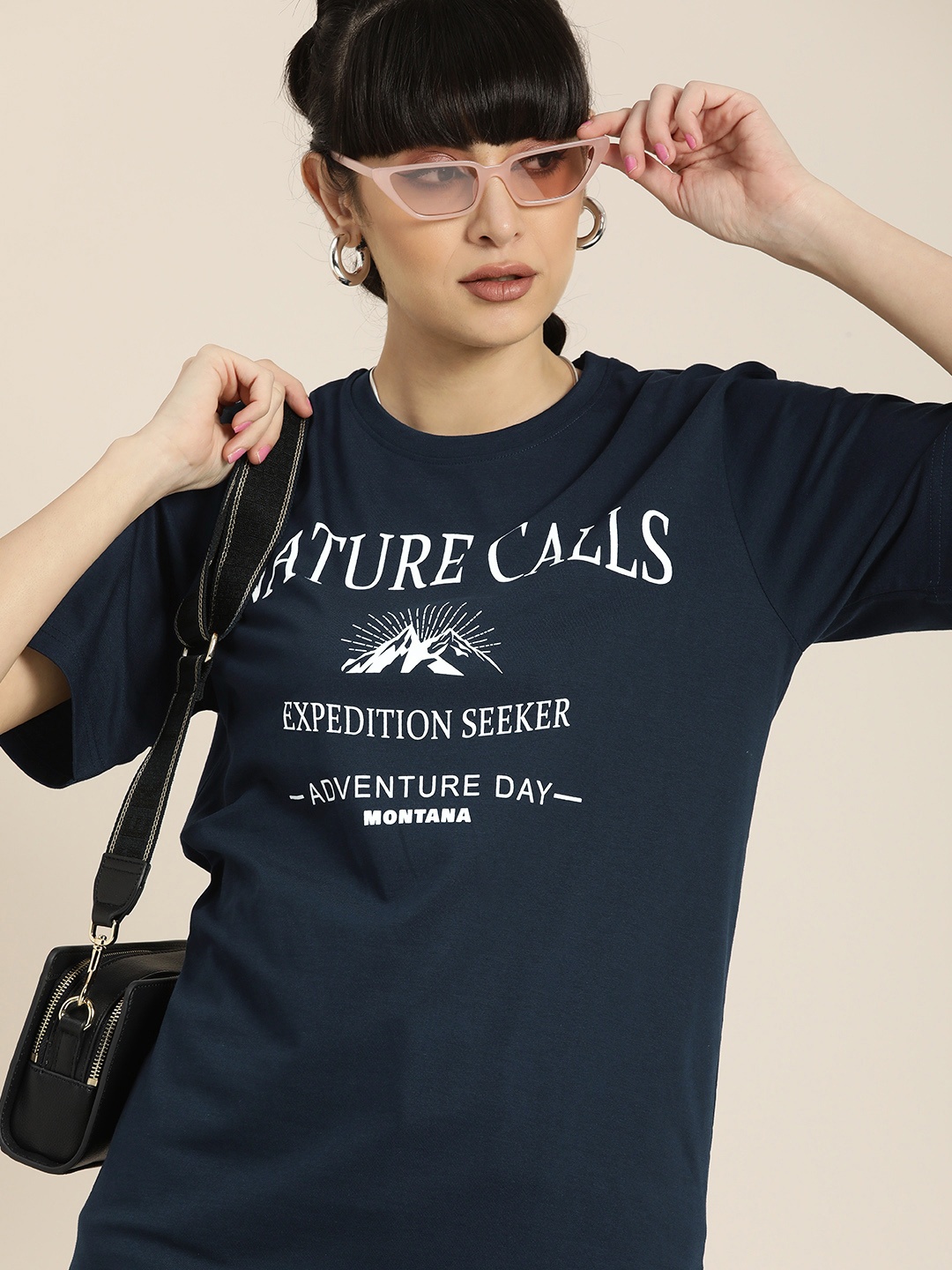 

DILLINGER Women Navy Blue & White Typography Cotton Oversized Longline T-shirt