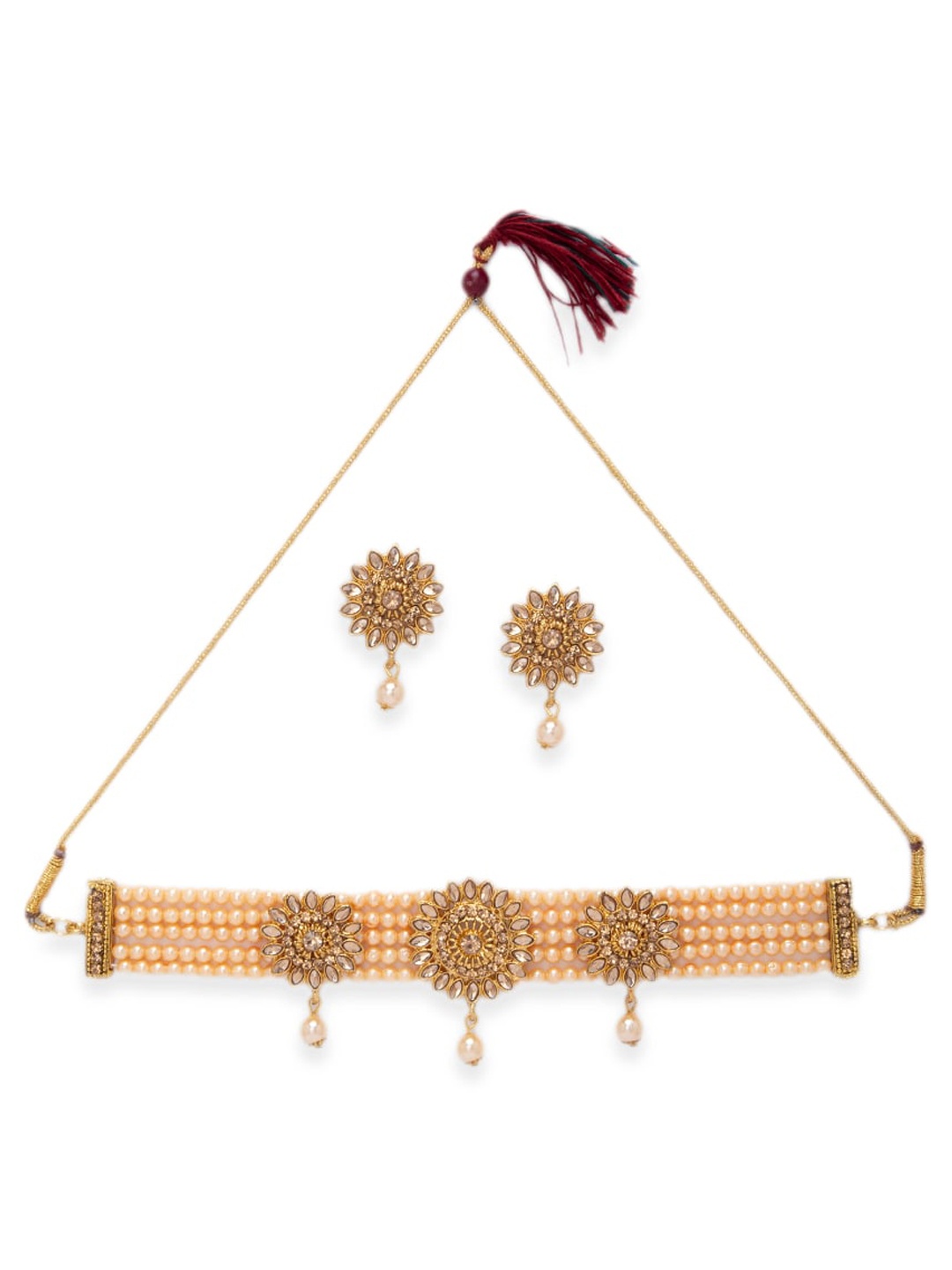 

STEORRA JEWELS Gold-Plated & Pink Studded & Beaded Jewellery Set