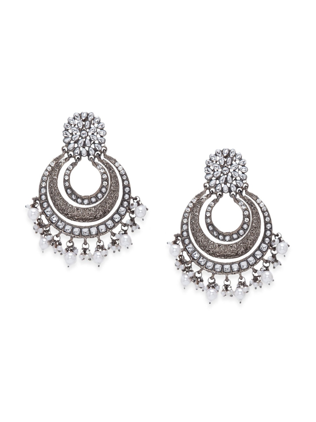 

STEORRA JEWELS Silver Plated & White Kundan Beaded Crescent Shaped Chandbalis