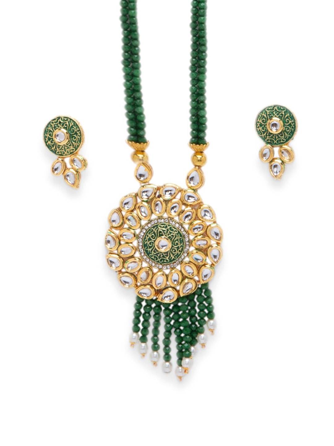 

STEORRA JEWELS Gold-Toned White Kundan-Studded Green Crystal Beaded Jewellery Set