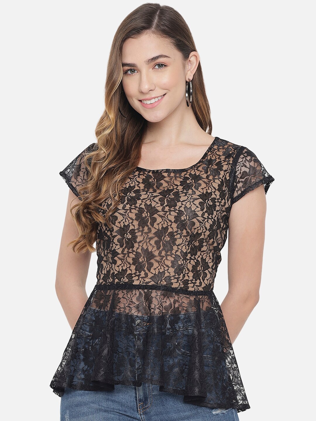 

Just Wow Black Lace Peplum Top