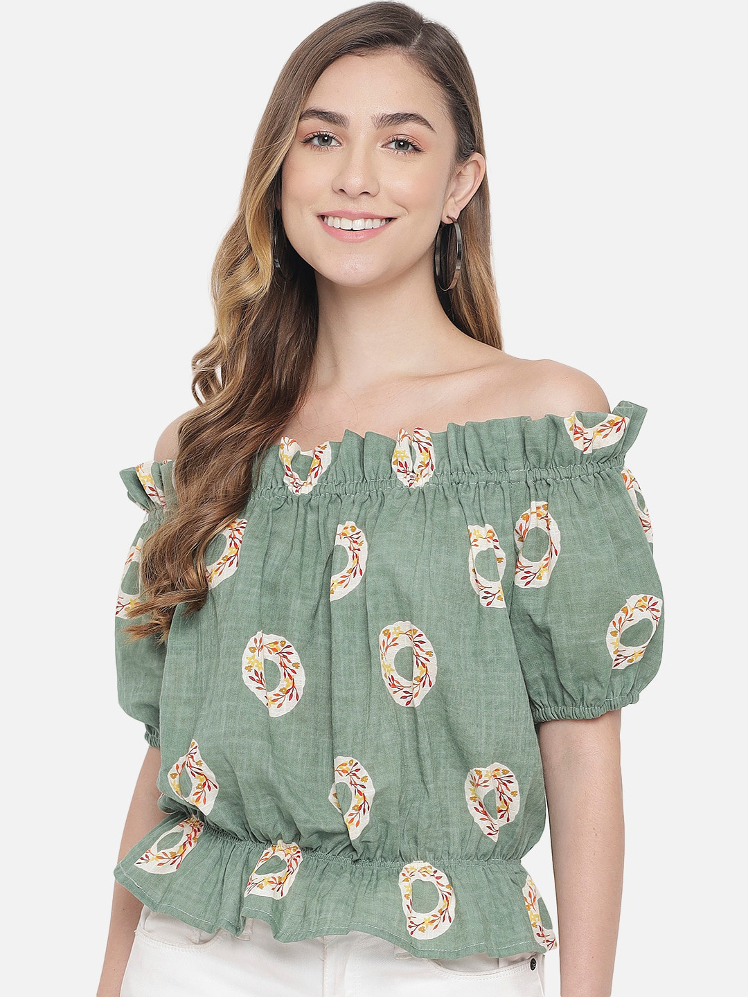 

Just Wow Olive Green Geometric Print Off-Shoulder Blouson Top