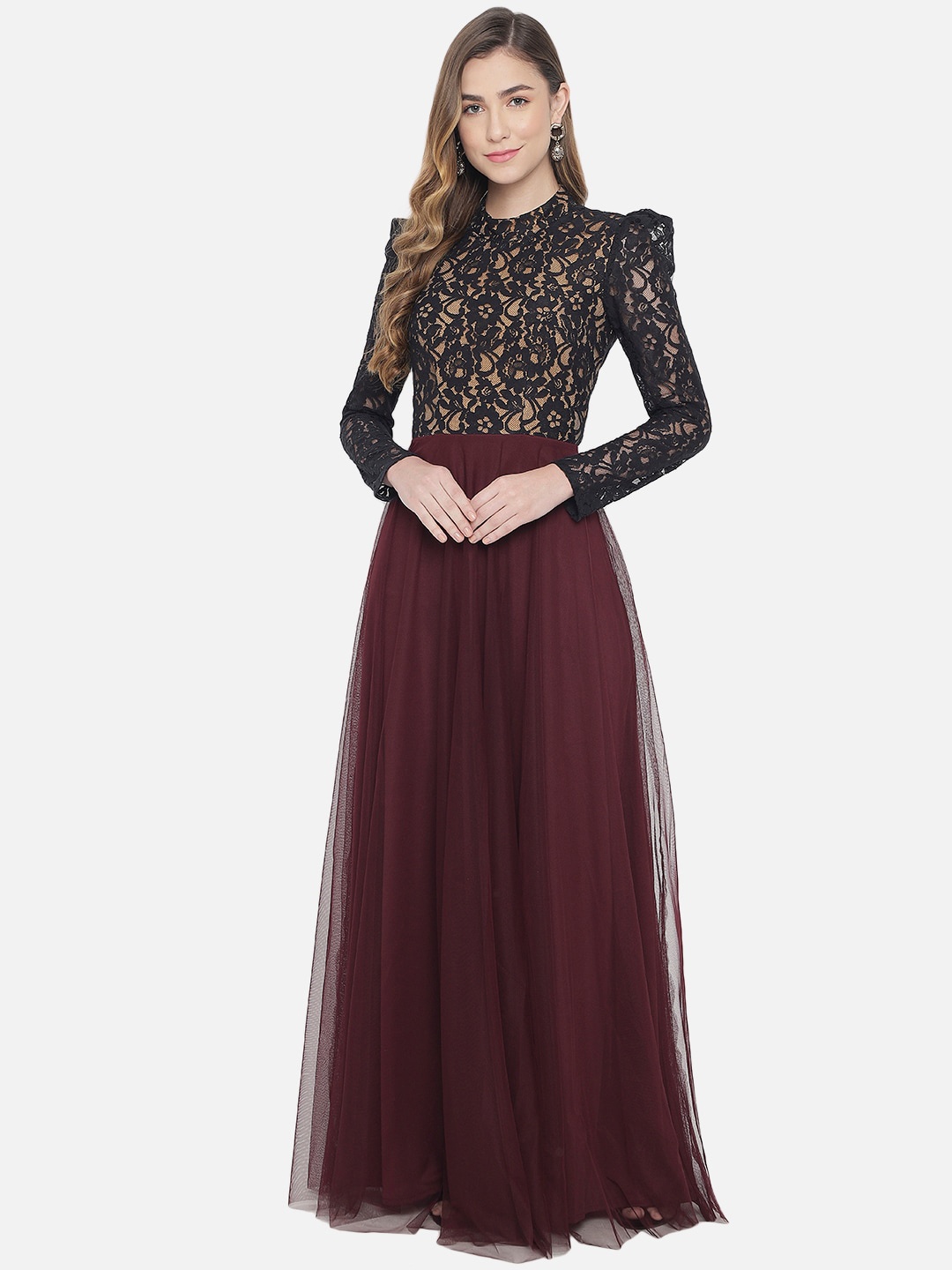 

Just Wow Maroon Net Maxi Dress