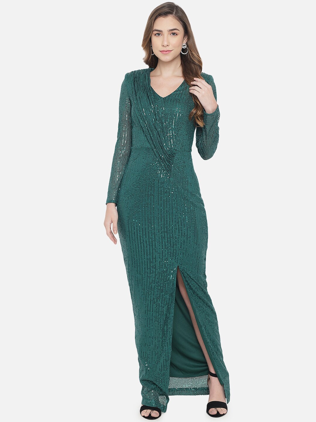 

Just Wow Green Embellished Sequined Maxi Dress