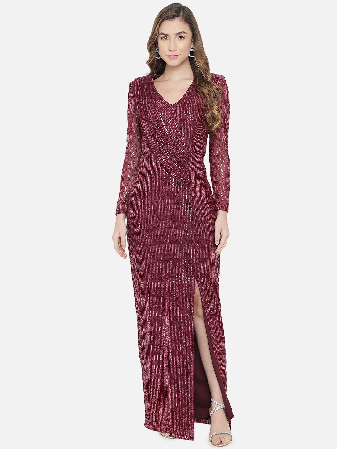 

Just Wow Maroon Embellished Maxi Dress