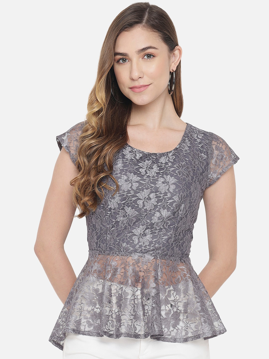 

Just Wow Grey Floral Lace Peplum Top